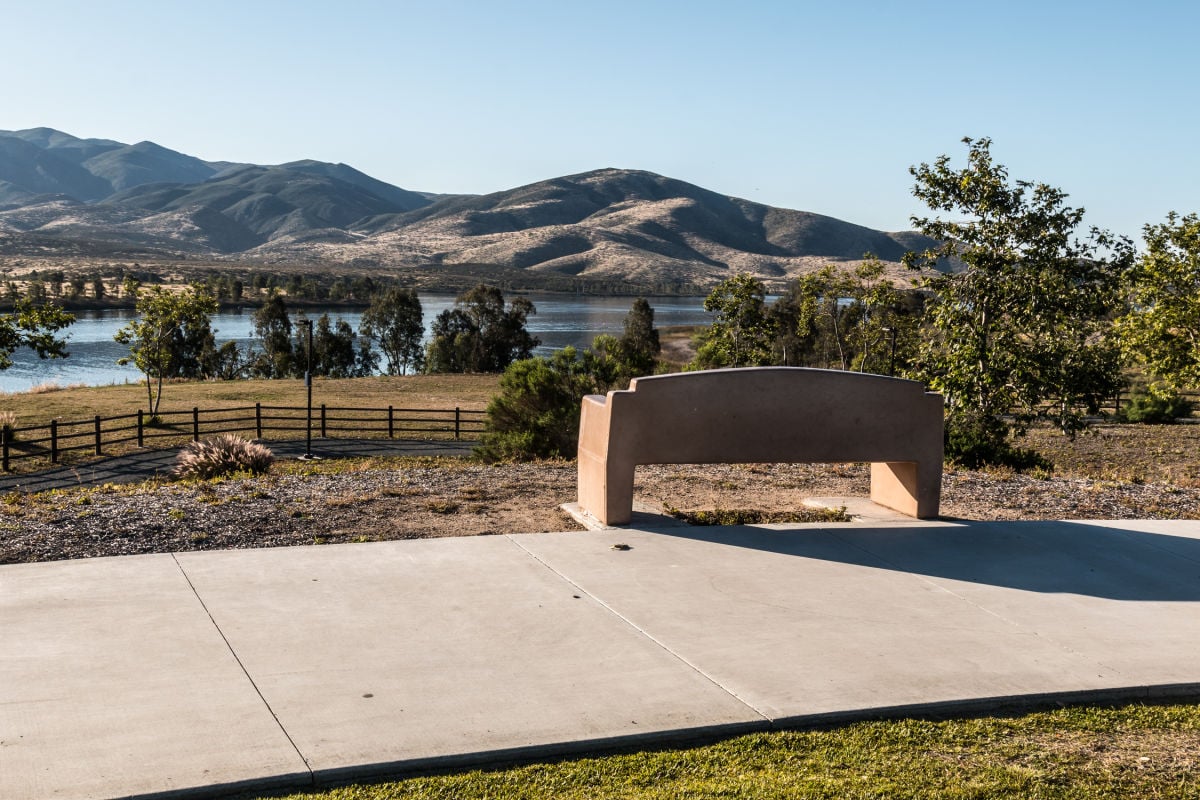 Bench overlooking mountains at Mountain Hawk Park in Chula Vista